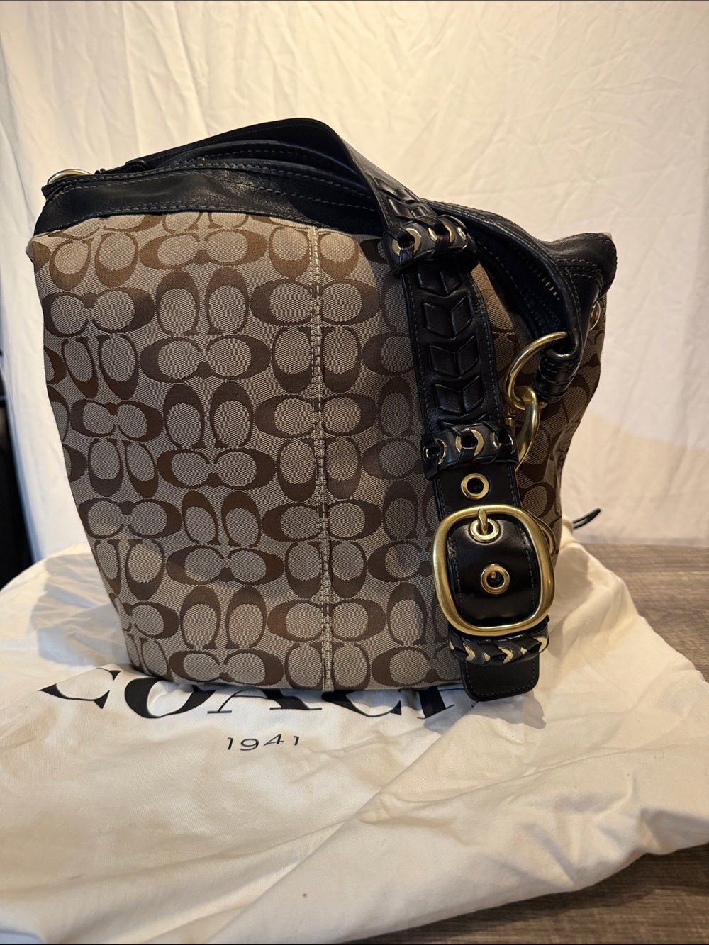 Coach Signature Canvas Shoulder Bag with Brown & Black Accents
